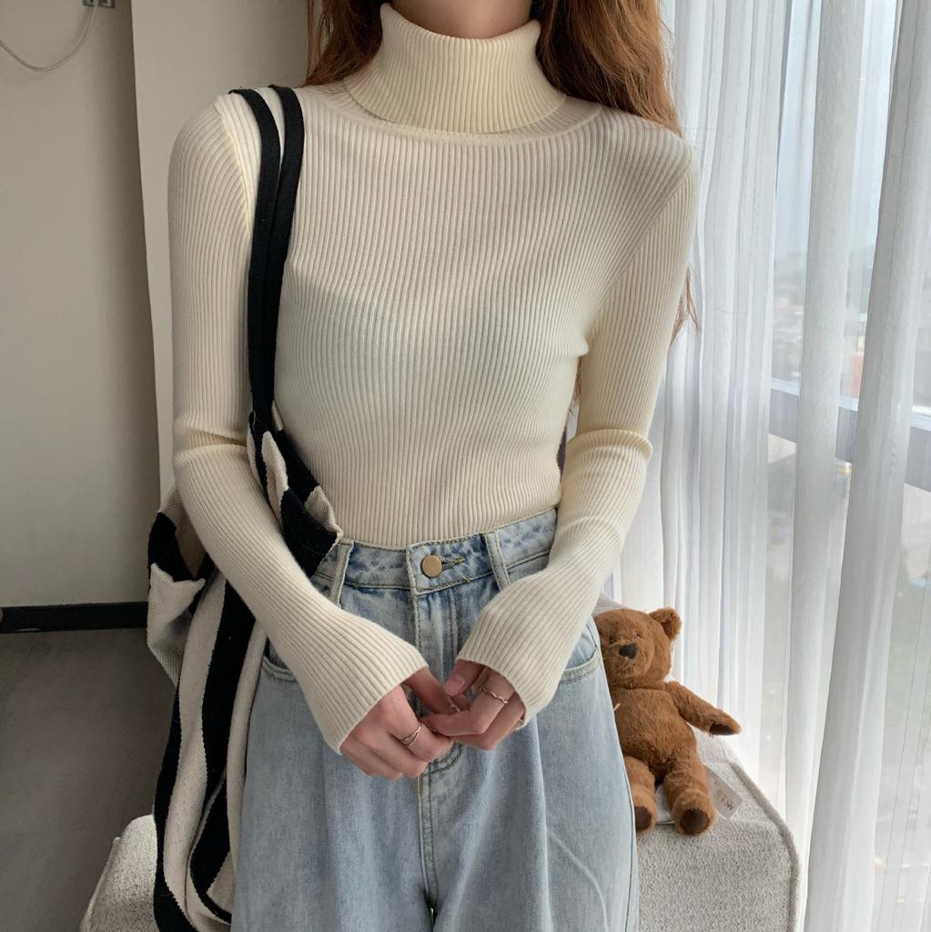 Zimní rolák dámský svetr pletený svetr měkký tenký top s dlouhým rukávem jednobarevný základní svetr s vysokým výstřihem dámské oblečení