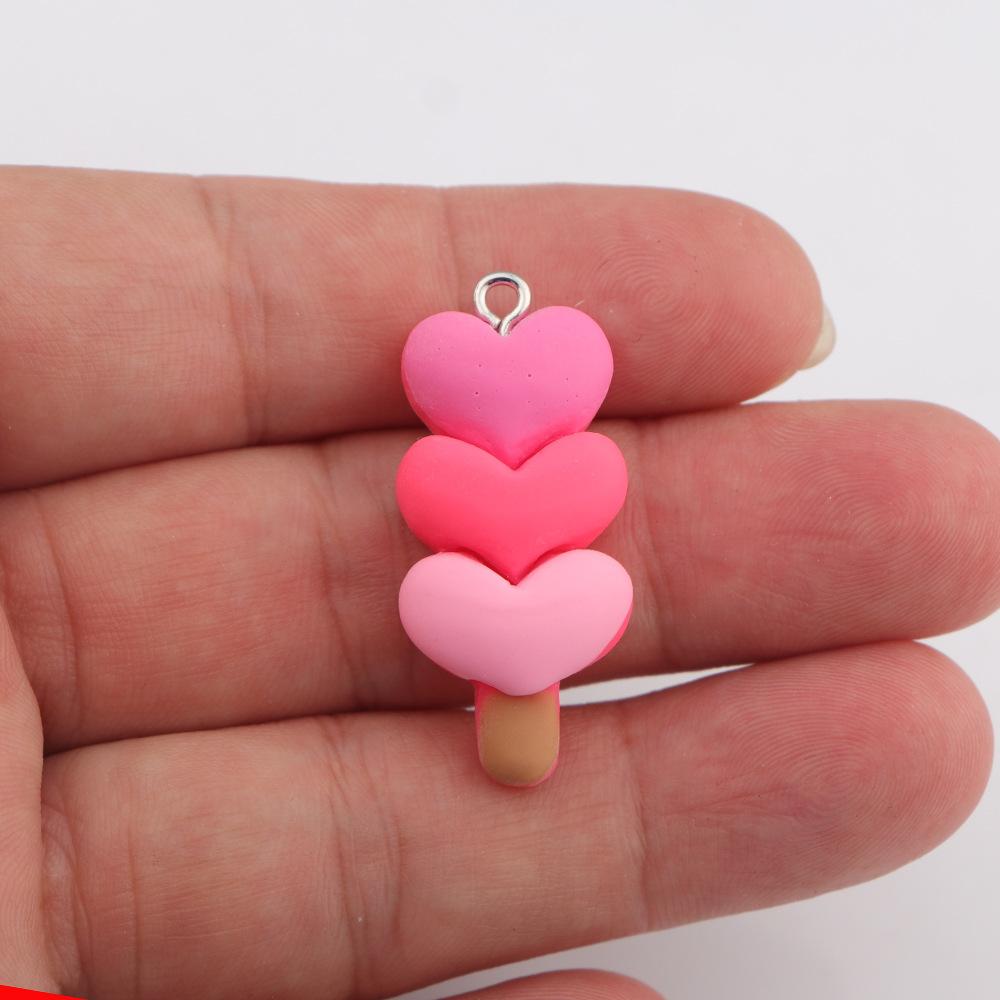 5pcs/lot Cartoon Cute Heart Lollipop Charms Pendant Resin Gradient Color Three Love Heart for DIY Jelewelry Making Accessories