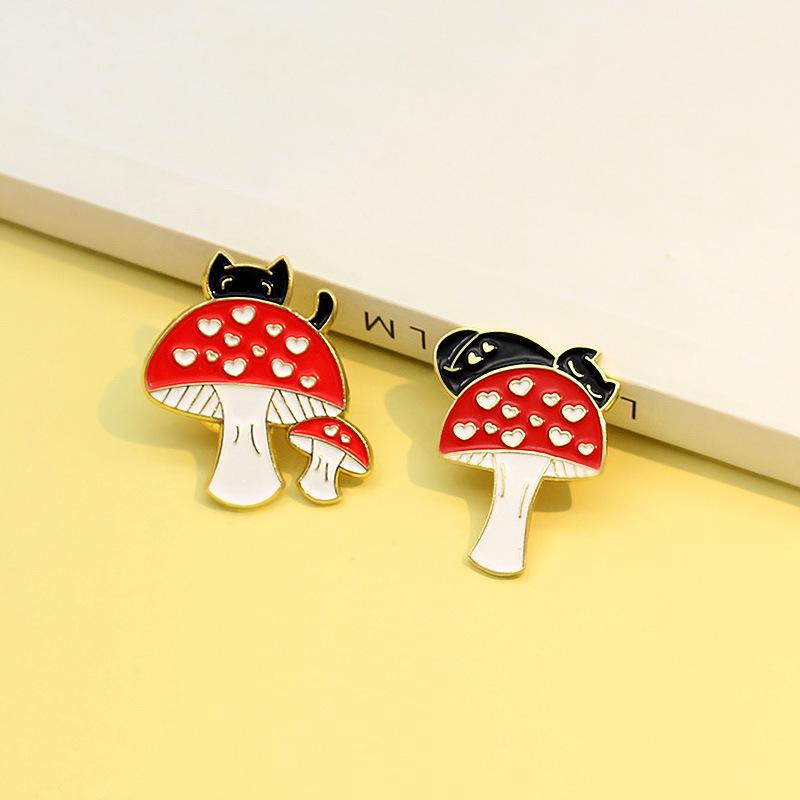 Naughty Black Cat and Red Heart Mushroom Brooch
