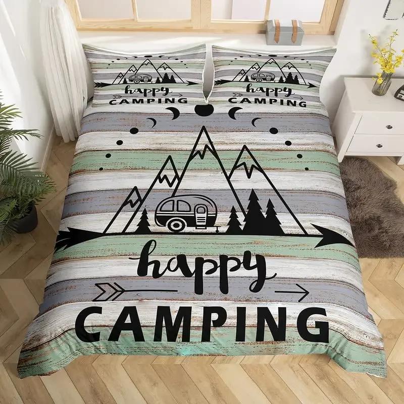 Camper Bedding Set Kids Happy Camping Duvet Cover Set Microfiber Rv Camping Quilt Cover Camper Accessories For Travel Trailers