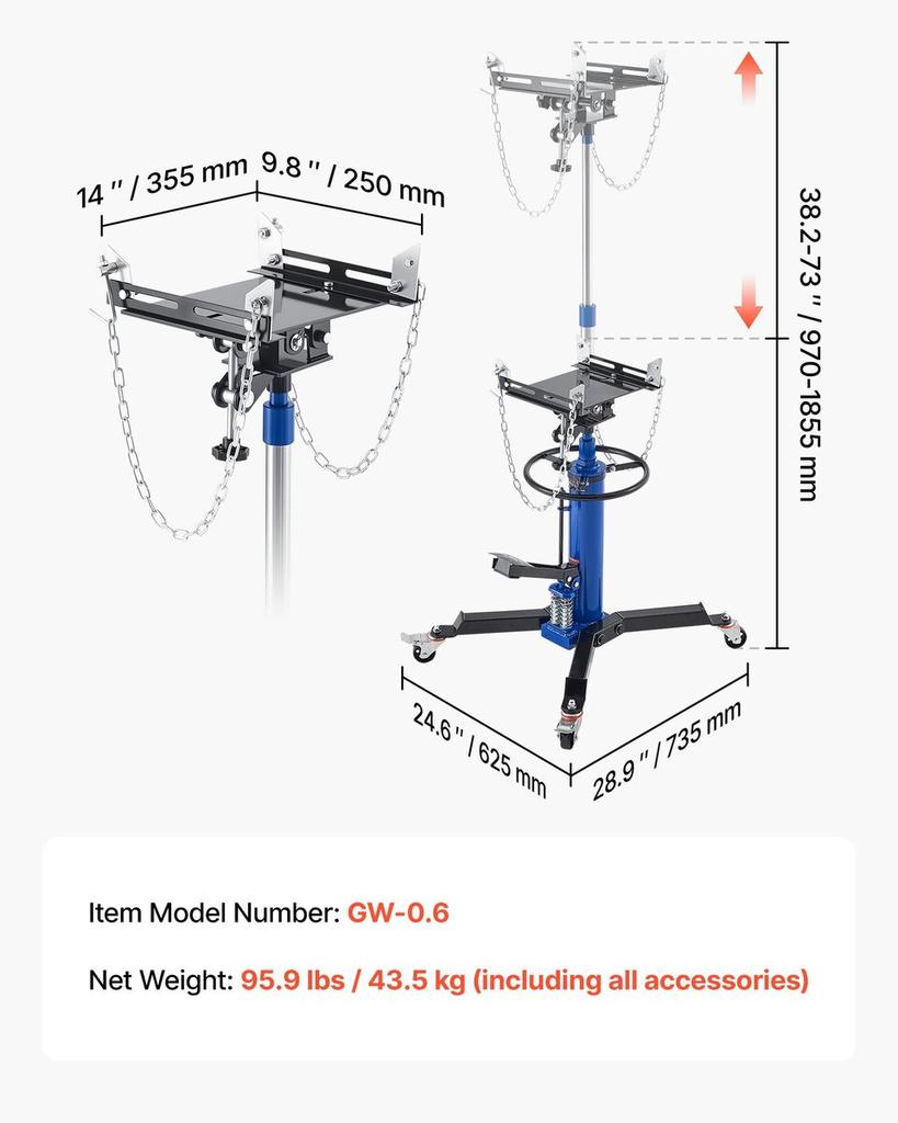 Hydraulic Transmission Jack, 1322 Lbs / 0.6 Ton Lifting Capacity Telescoping Transmission Jack with Foot Pedal, Dual Telescopic Trans, 88-176 Cm High