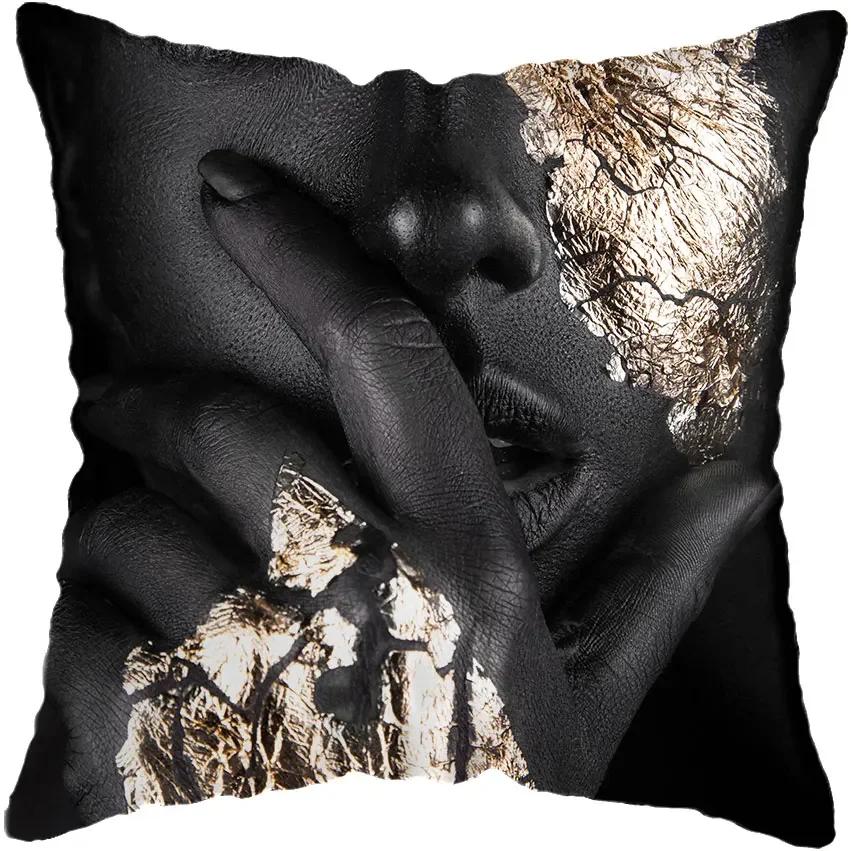 45*45CM Modern Living Room Black Gold African Lady Woman Style Look Art Deco Sofa Pillowcase Cushion Cover