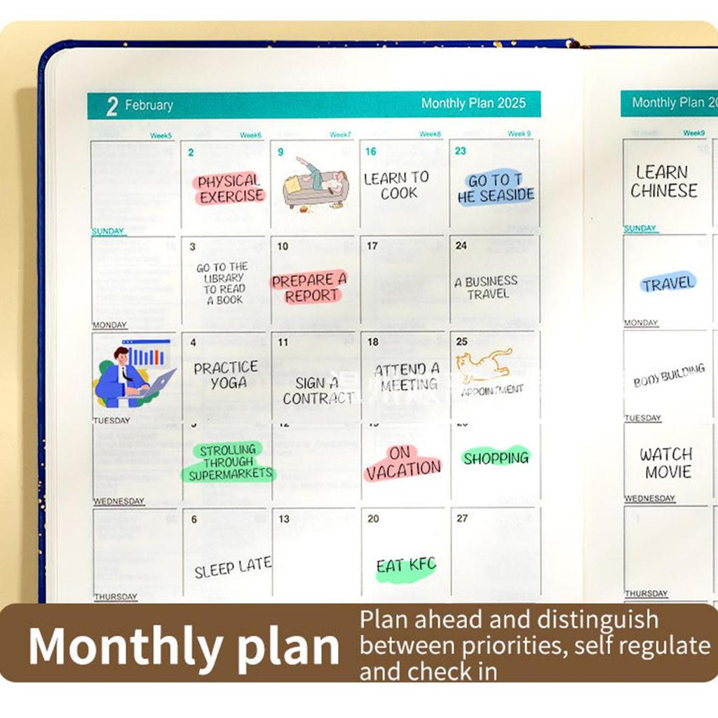 English inner pages, A5 leather 2025 business schedule, student daily planner, 365-day record book, notepad, memo, 180 sheets, 360 pages