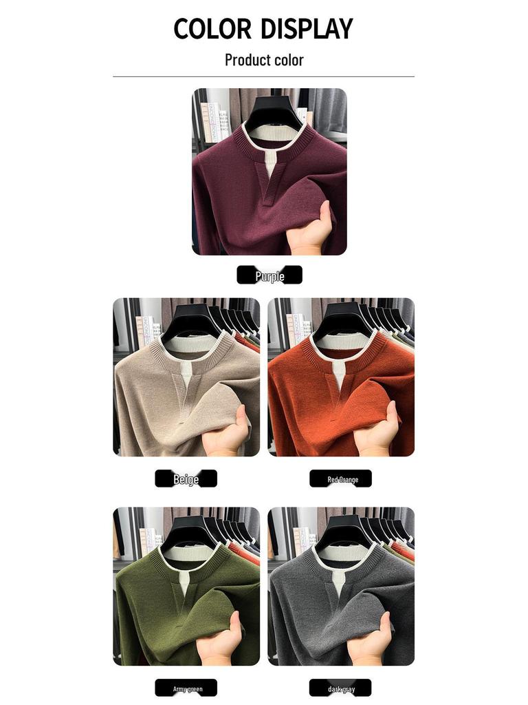 Men's V-Neck Faux Two-Piece Knit Sweater: Casual Long Sleeve Base Layer for Autumn & Winter