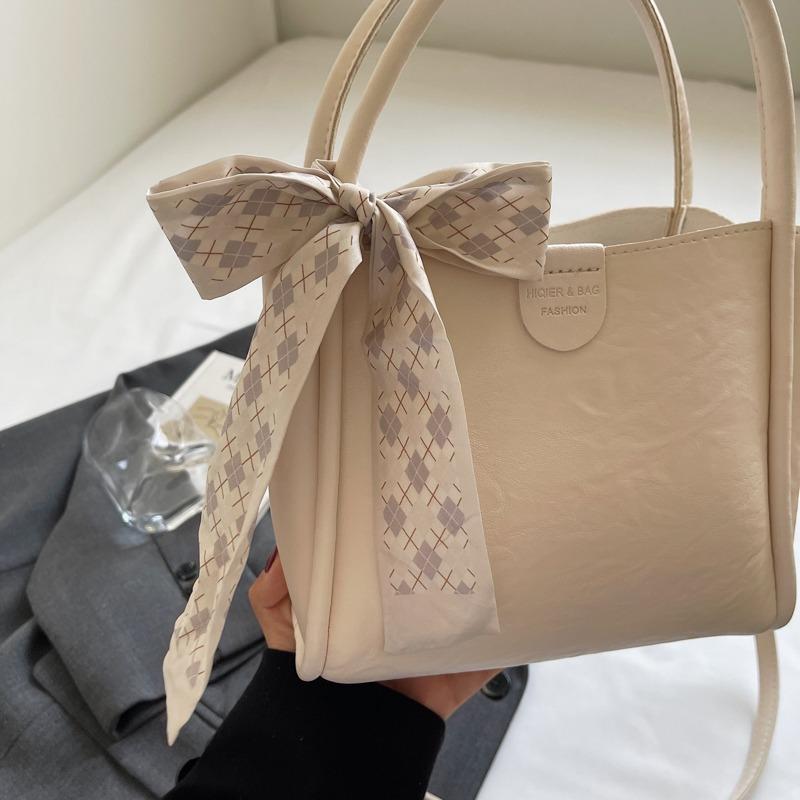 Fashion Vintage Bucket Bag Women PU Leather Top Handle Bag with Checkered Scarf Bow Large Capacity Shoulder Bag for Daily Commute and Outings