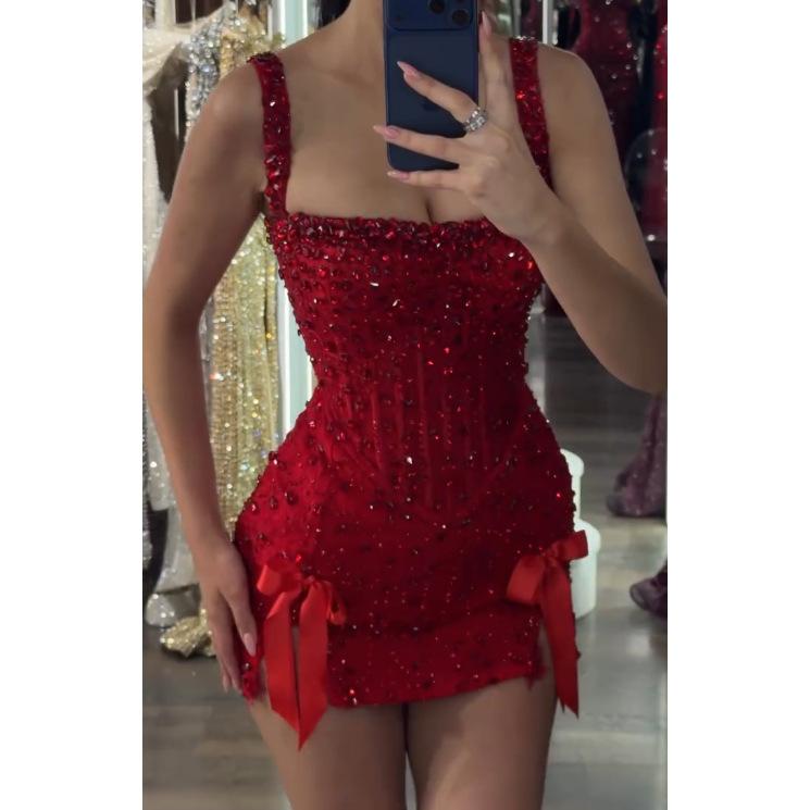 American Spice Girl Heavy Industry Nail Drilled Red Dress Dress Bow Split Sexy Short Banquet Dating Buttocks Short Skirt