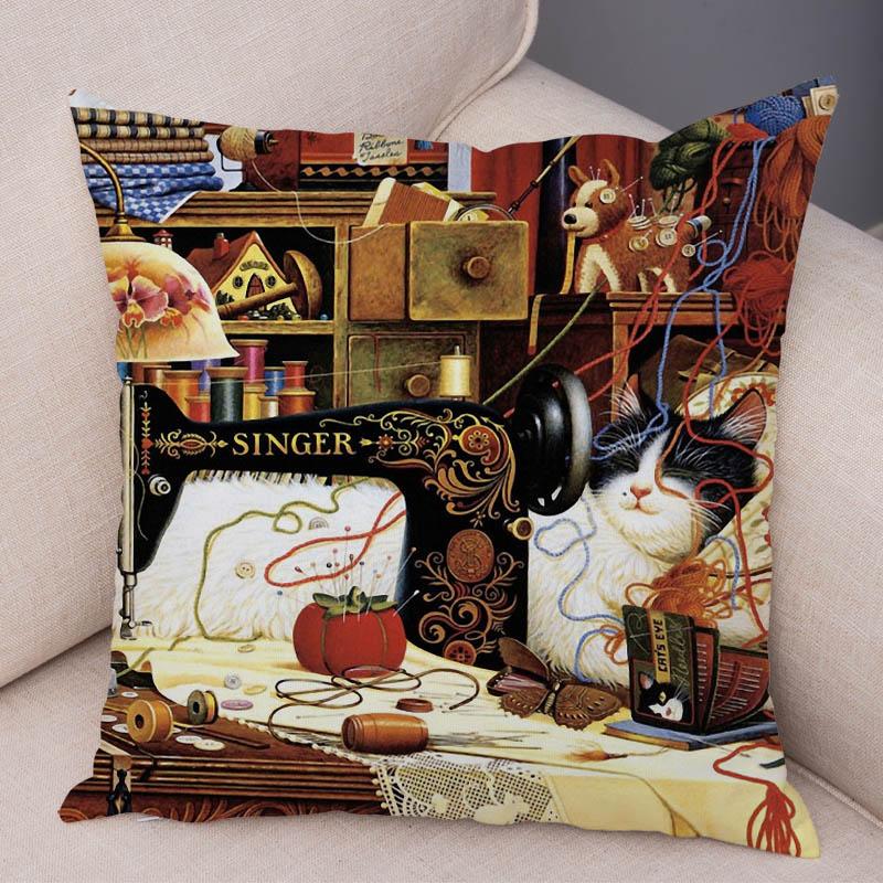 Oil Painting Color Cat Cushion Cover Pillowcase Home Decor Cartoon Animal Sofa Pillowcase Pillowcase Aesthetics