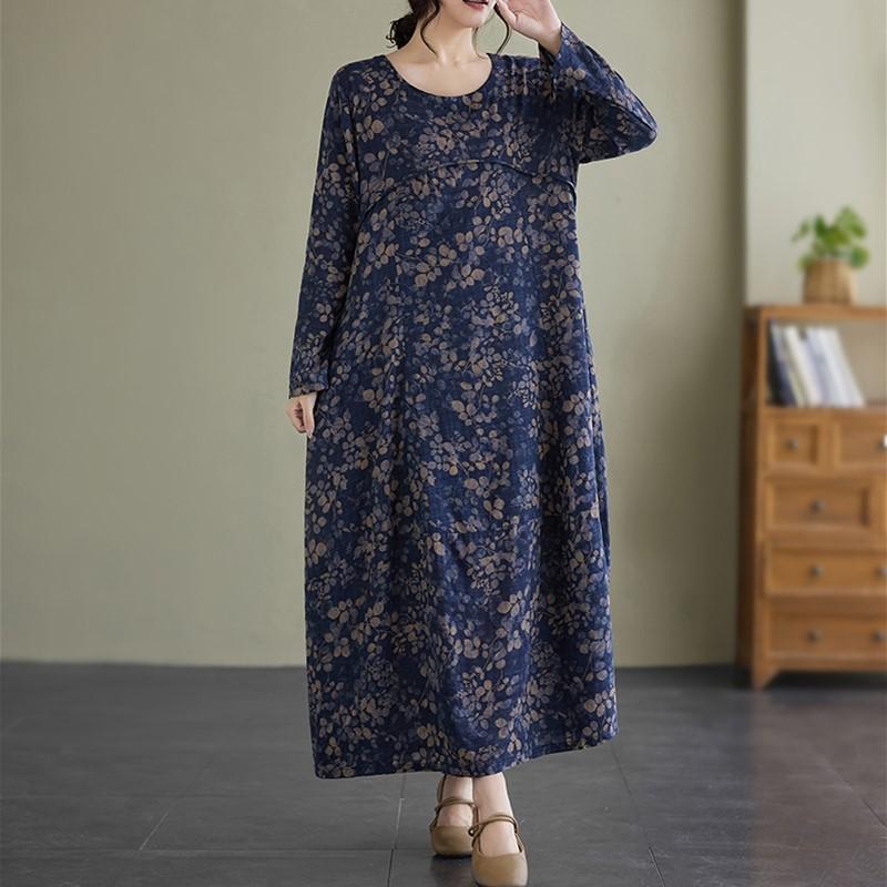 Langermet Plussstørrelse Bomull vintage blomstret ny i kjoler for kvinner avslappet løs vår høst kjole