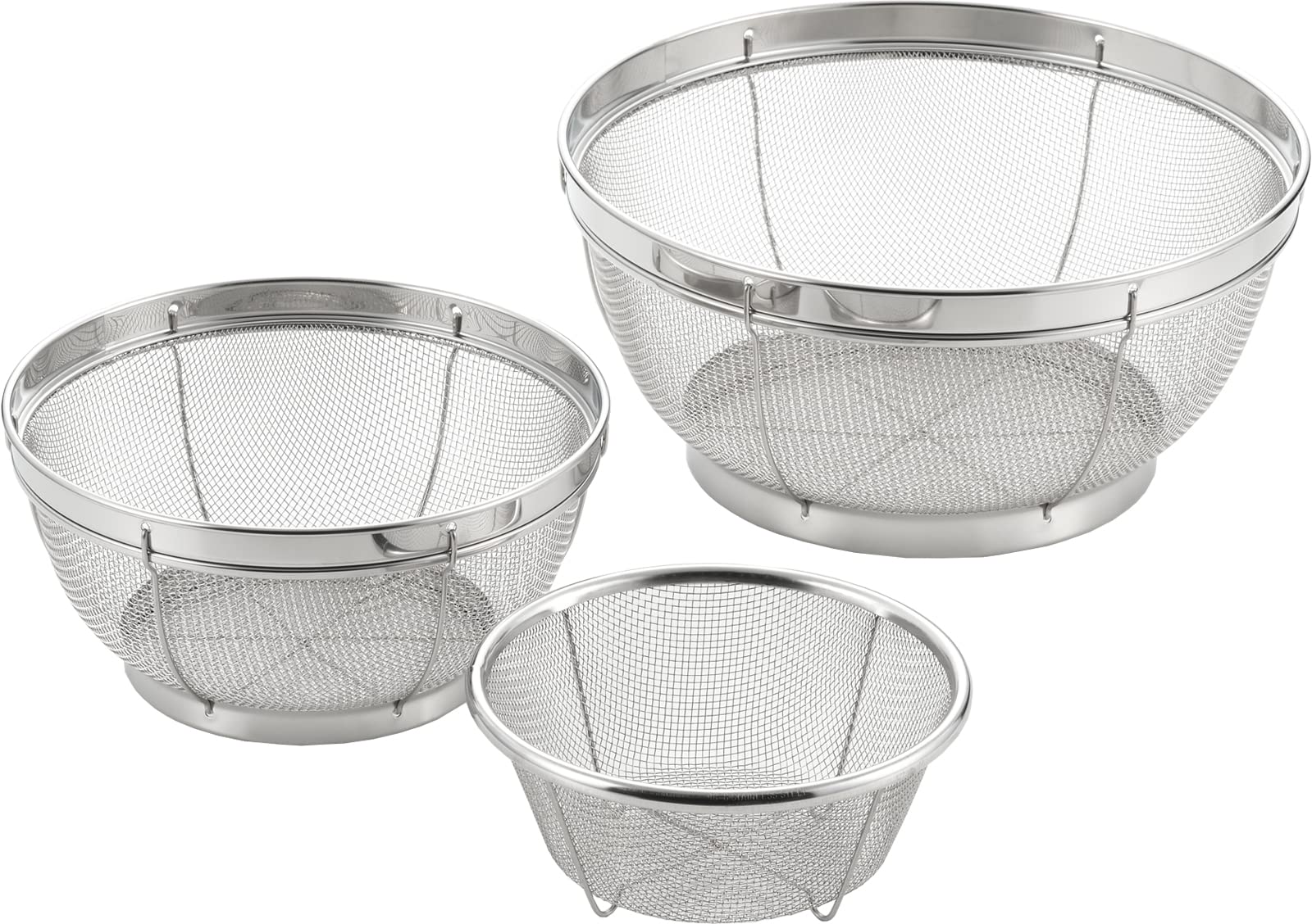 Yoshikawa Mizureed II Stainless Steel Set of 3 and Made in SJ3467 Colander, (15, 19, 25cm), Tsubame-Sanjo, Japan,