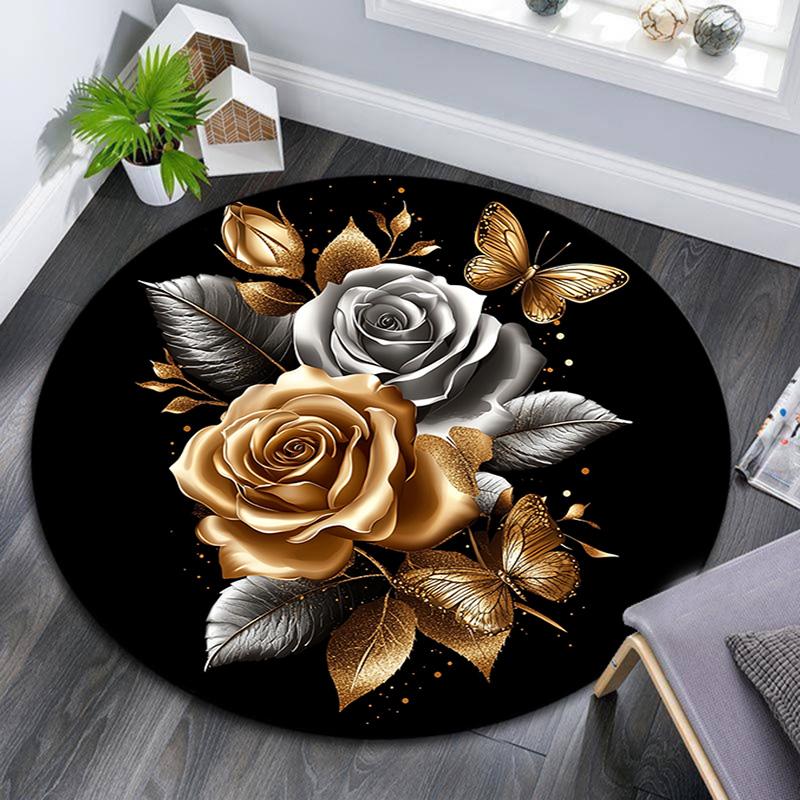 Golden Roses and Butterflies Round Area Rug,Carpet Rug for Living Room Bedroom Sofa Playroom Decor,Non-slip Floor Mat