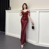 New banquet host evening dress suspender sexy off-the-shoulder dress sequined temperament fishtail dress