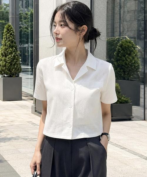KOLEAT Linen White Slim Short Sleeve Shirt [Crop]