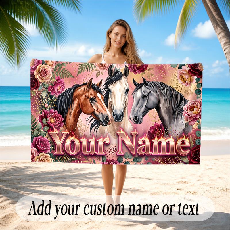 Horse Theme Quick Dry Beach Towel Custom Name Text Print Large Sand Resistant Towel Beach Vacation