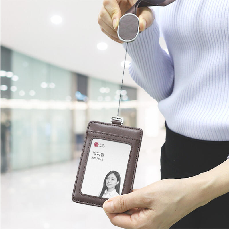 Employee ID Card Reel Holder Necklace Leather Card Case