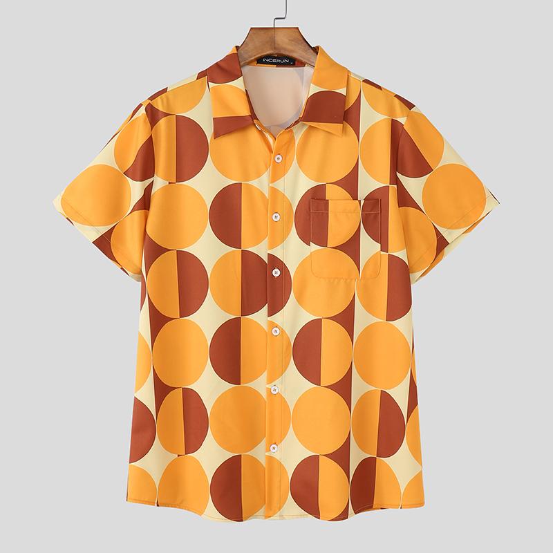 

INCERUN Oversized Men Short Sleeve Polka Dots Print Buttons Casual Loose Shirts XL оранжевый