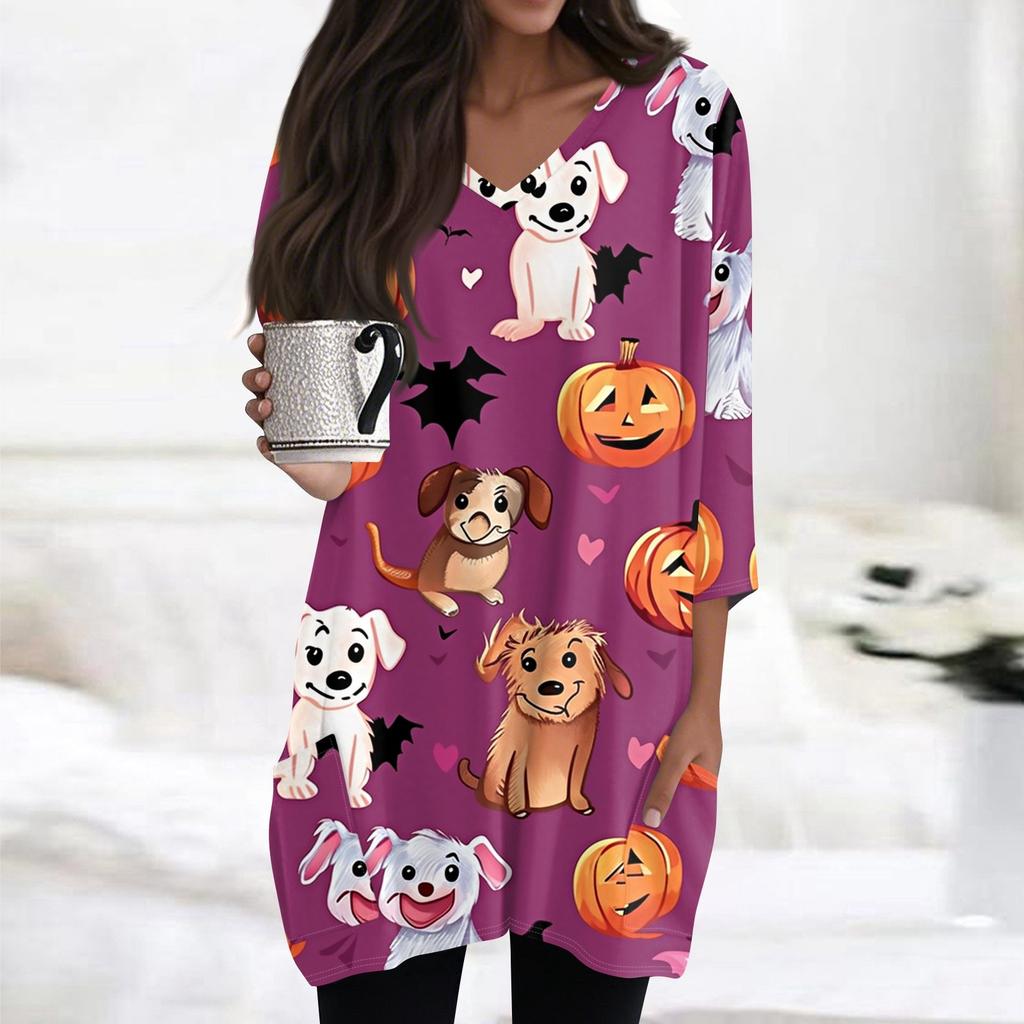 Damen Oberteile V-Ausschnitt 3/4 Ärmel Blusen Lässige Mittellange Hemden Mode Halloween Print Tunika Oberteile Mit Taschen