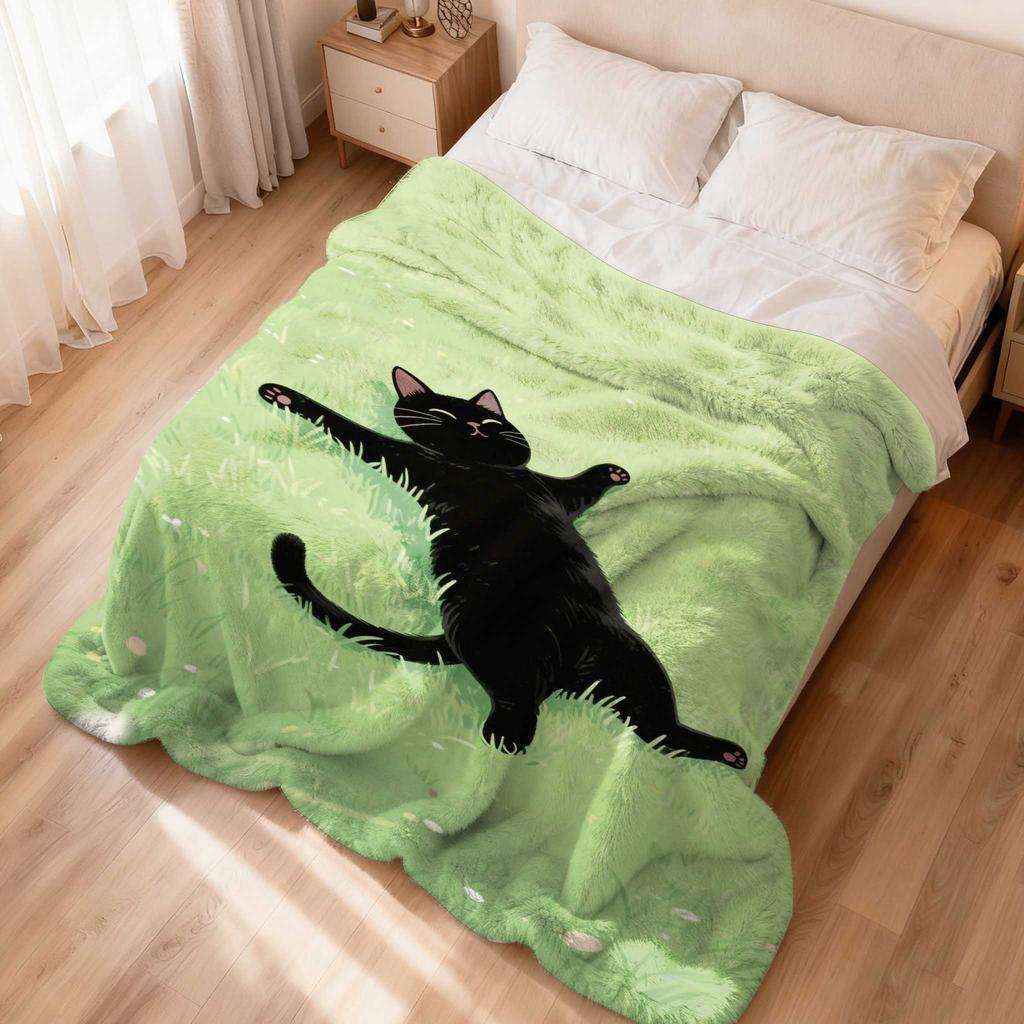 Black Cat Lime Green Plush Flannel Blanket MultiSize Machine Washable All Season Cat Lover Gift
