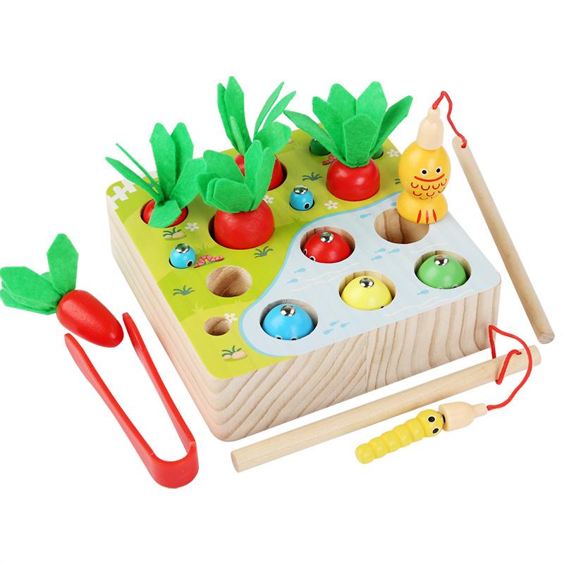 Children'S Wooden Magnetic Fun Fishing Pulling Radishes And Catching Bugs Games Early Education Puzzle Hand-Eye Coordination Hands-On Toys