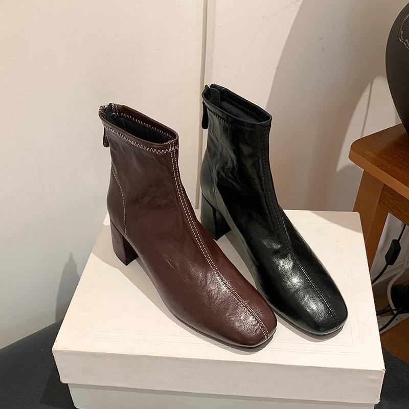 Autumn and winter new soft leather French square head thin boots women's versatile Korean thick high heel bare boots Martin boots retro short boots
