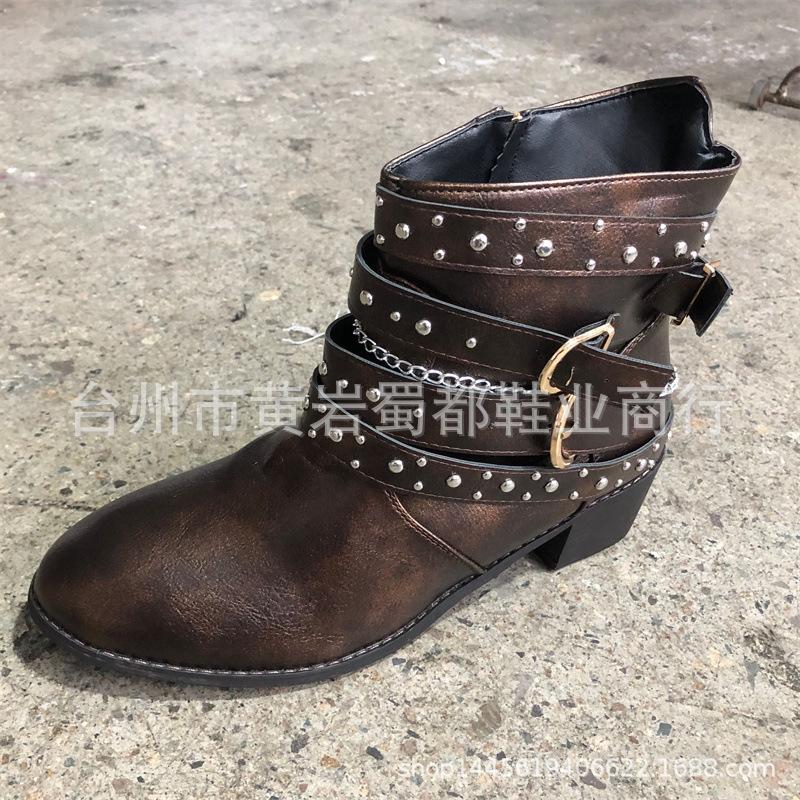 Coarse Heel Martin Boots Women's Autumn and Winter High Heel Large Size Belt Buckle Chain Rivet Short Boots Women's Single Boots