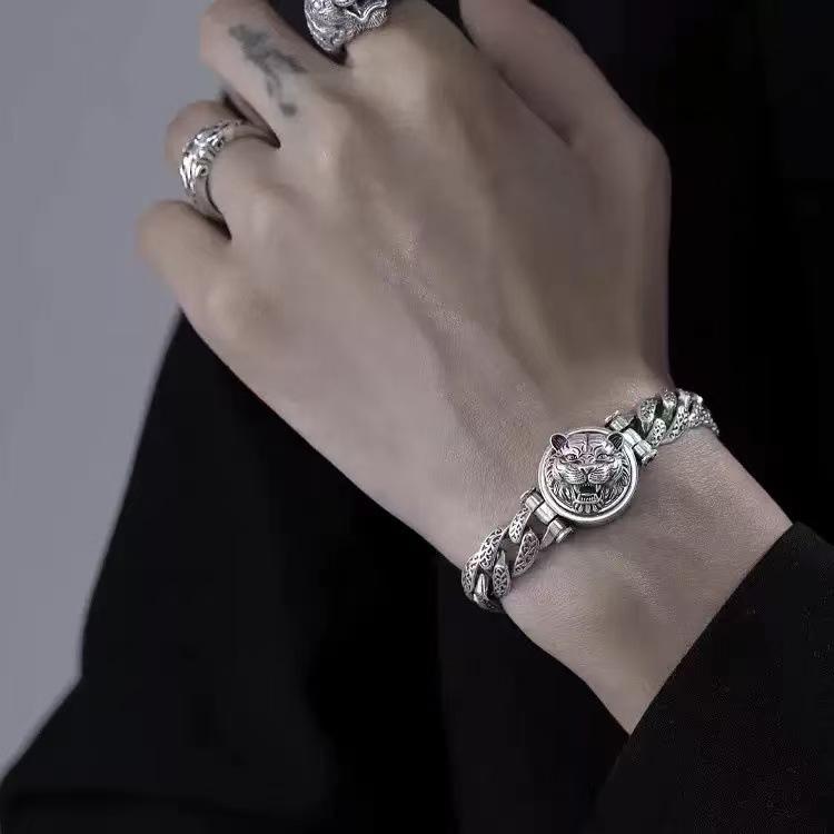 2026 Silver Retro Personality Tang Cao Turns The Natal Year Tiger Bracelet Men's Trendy Men's Tiger Atmosphere Rough and Domineering Jewelry