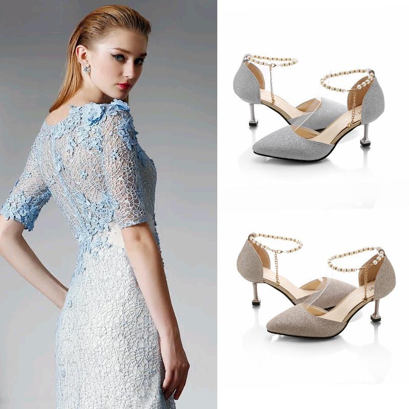 Fashion Elegant Pearl Pointed Toe Mid Heel Pumps For Women
