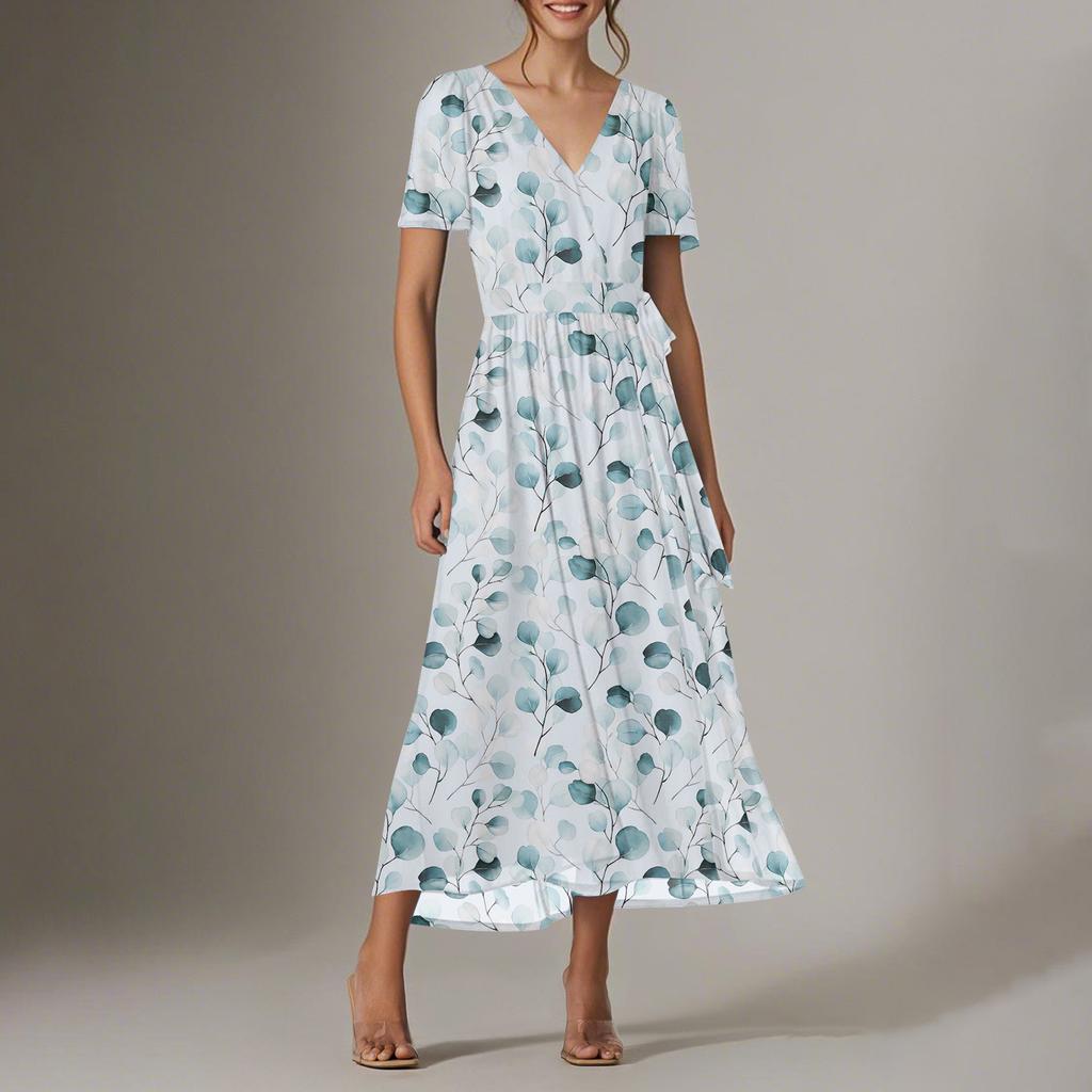 Women's Summer Floral Bohemian Dress Wrap V Neck Short Sleeves Ruffle A-Line Flowy Maxi Dress Summer Dresses For Women