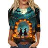 Women’s Casual Three Quarter Sleeve Crew Neck Top Tie Dye Halloween Themed Print Relaxed Fit Soft Fabric for Daily Wear
