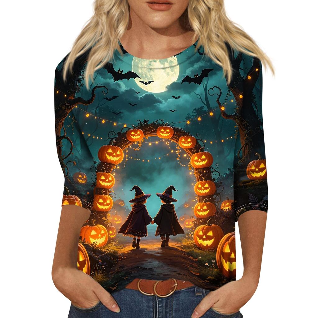 Women’s Casual Three Quarter Sleeve Crew Neck Top Tie Dye Halloween Themed Print Relaxed Fit Soft Fabric for Daily Wear