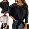 Women Shirt Lady Top Crochet Solid Color Round Neck Winter Lace Stitching Hollow Fall for Work Blouse