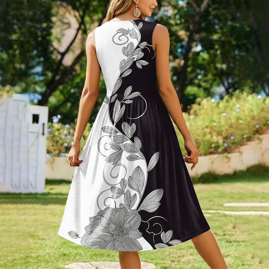 Kvinners Mote Trykket Rund Hals Ermeløs Casual Pullover Lomme Midilengde Kjole