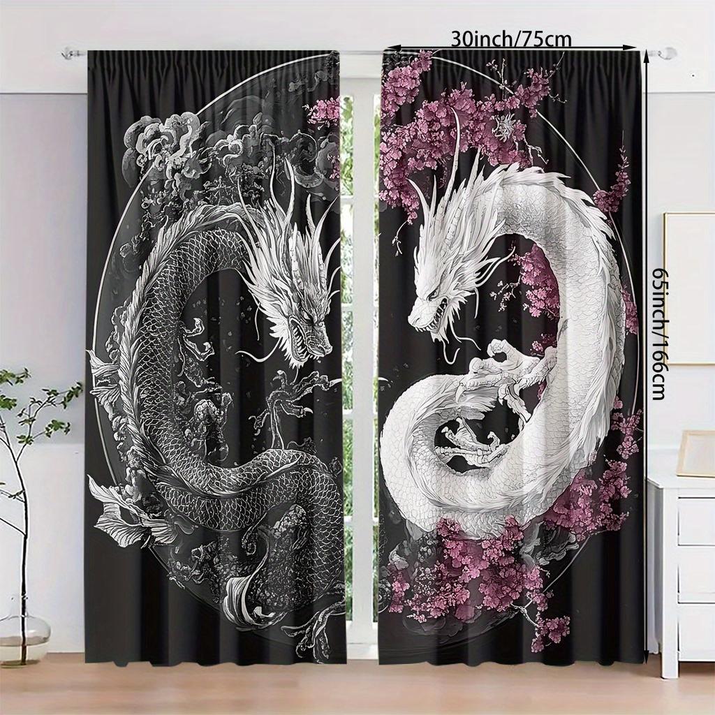 Zasłona Poliestrowa 2szt. Poliestrowa Zasłona Filtrująca Wzór HD Cyfrowy Czarno-Biały Smok do Dekoracji Domu