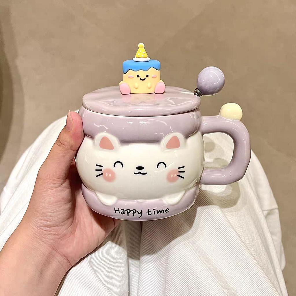 Cute Ceramic Mug With Lid Spoon Household Drinking Cup Couple Breakfast Coffee Cup Birthday Gift For Girls