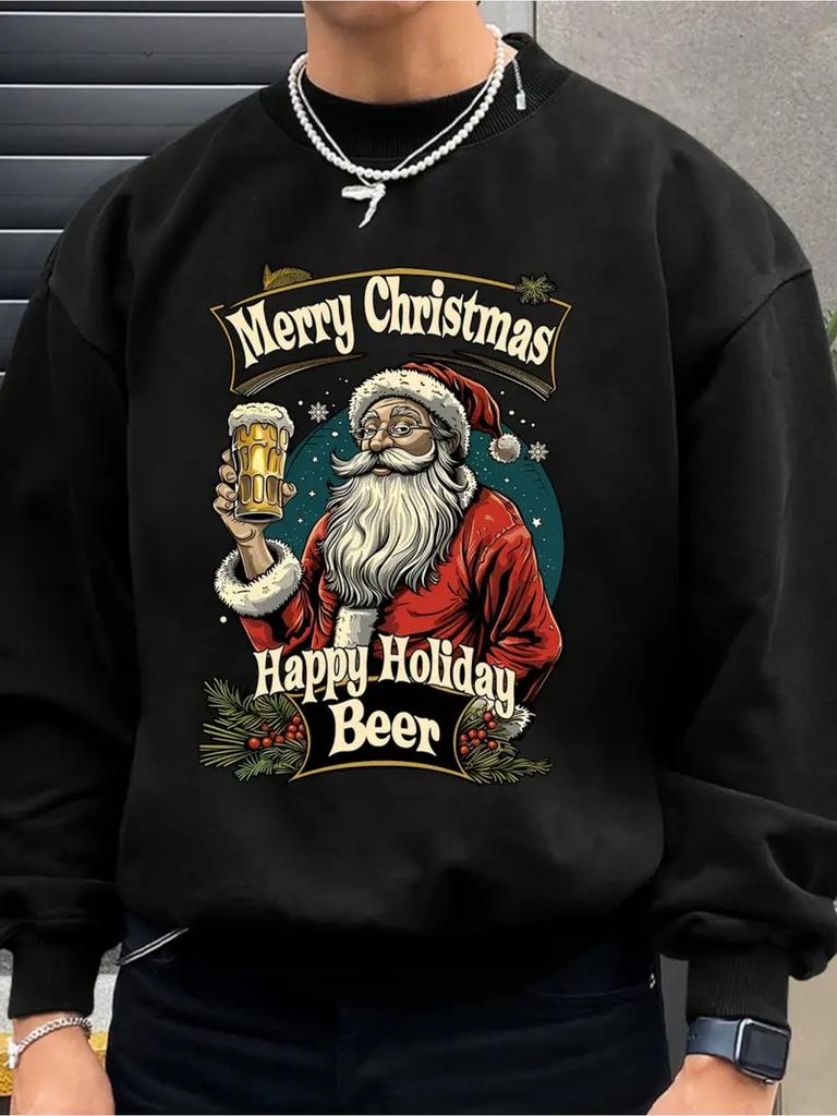 Men's Merry Christmas Happy Holiday Beer Print Casual Sweatshirt-Long Sleeve, Round Neck, Stylish and Durable, Sporty Casual Style, Lightweight Fabric