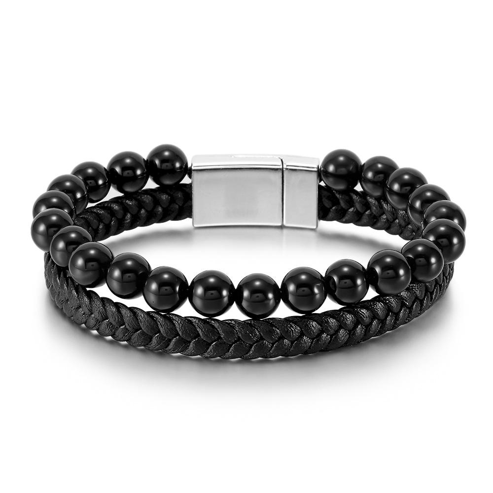 Natural Tiger Eye Stone Bracelet for Men Leather Cord Beaded Wristband Agate Bracelet Male Fashion Jewelry