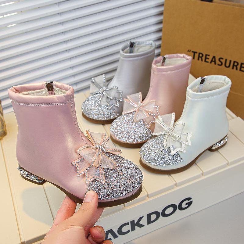 Automne Bottes En Cuir Diamantées à Eau Pour Enfants Semelle Épaisse Antidérapantes Bottines Filles à Lacets Simples Polyvalentes Bottes Décontractées Enfant