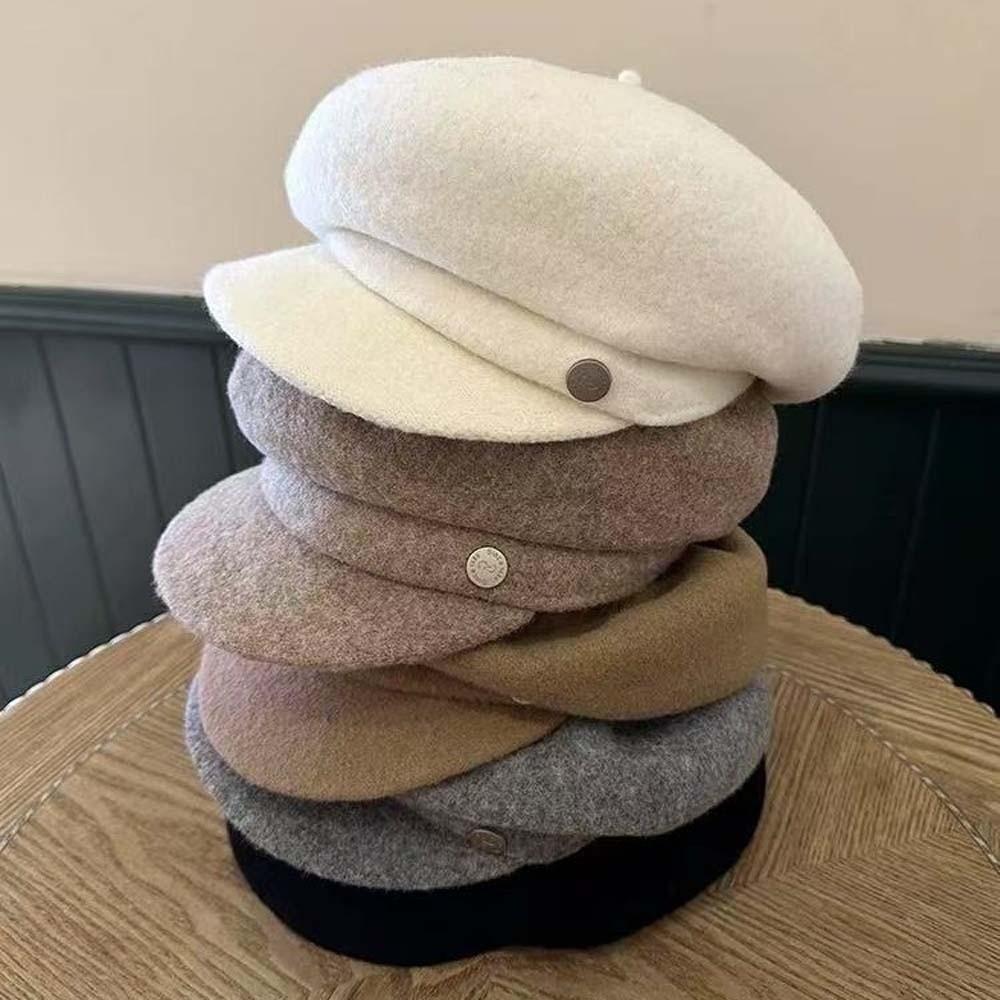 Casual Solid Color Wool Beret Cap Dome Knitted Female Painter Cap Big Head Circumference Versatile Octagonal Brimless Hat Spring