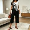 Women's Casual 2 Piece Sets Short Sleeve Crew Neck Top And Cropped Pants Sets Summer Floral Lounge Outfits