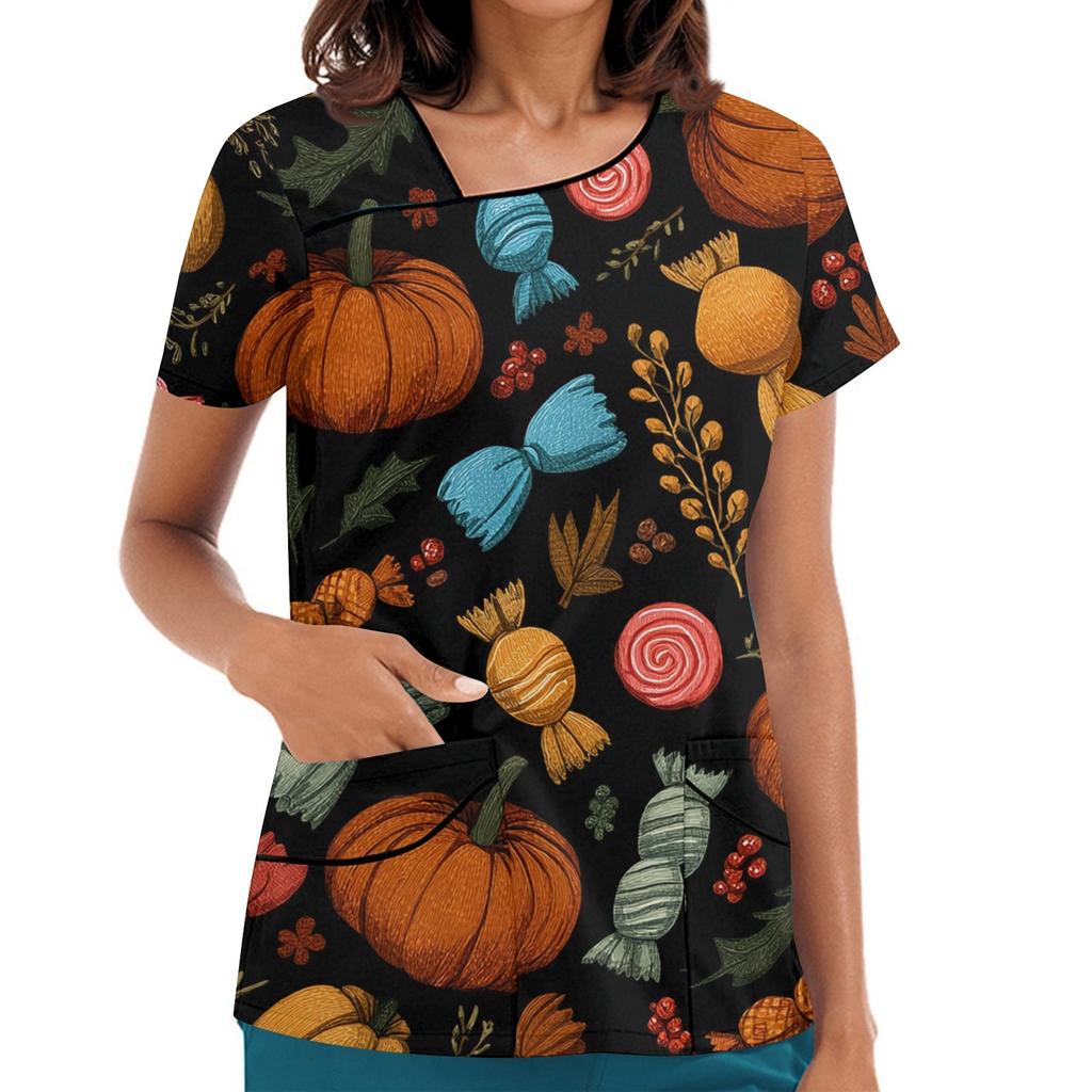 Dámské potištěné pracovní oblečení, šikmý límec a dvojité kapsy, základní top pulovr