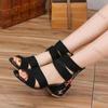 Comemore Black Embroidered Mid-heel Sandals Women Summer All-match Thick Heel Elegant Retro Open Toe Embroidered Shoes Women