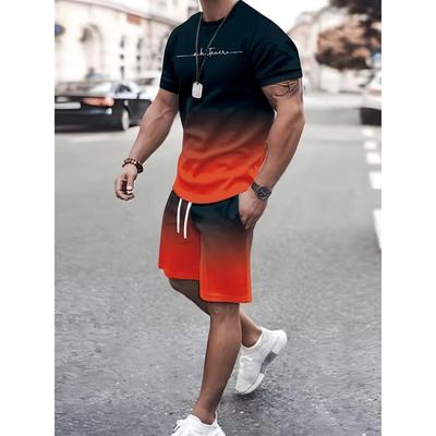 Men's Two-Piece 3D Letter Stripe Gradient Color Print T Shirt Shorts Set Fashion Outdoor Casual Men Women Sports T-shirt Outfits