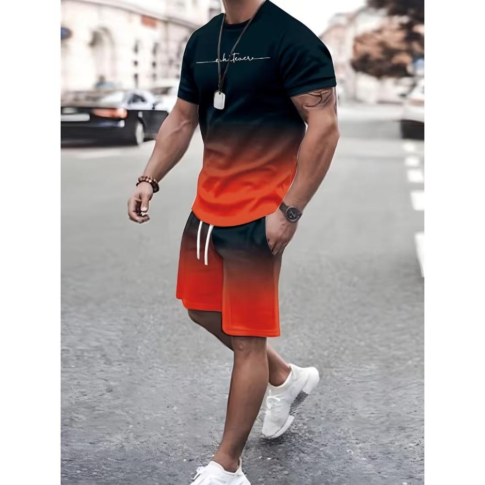 Men s Two-Piece 3D Letter Stripe Gradient Color Print T Shirt Shorts Set Fashion Outdoor Casual Men Women Sports T-shirt Outfits S