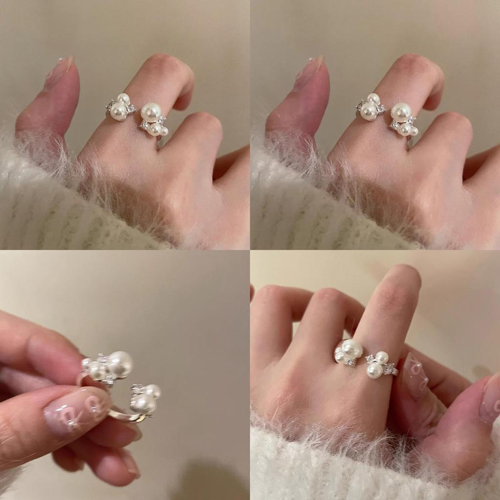 Adjustable Open Artistic Ring With Pearl And Zirconia For Women Chic And Elegant Style