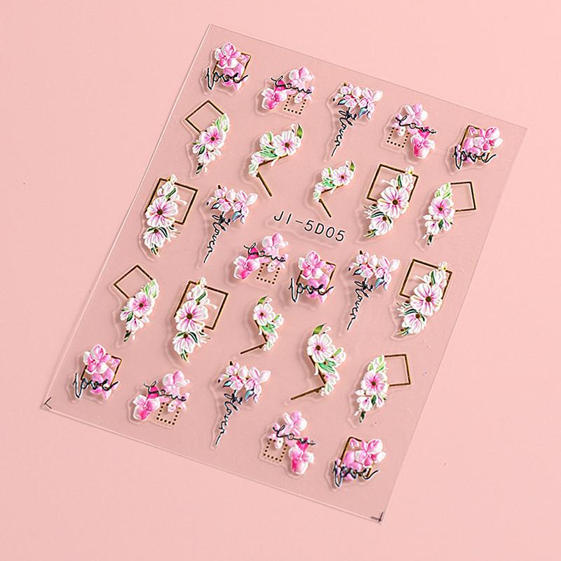5D Nail Stickers Flowers Heart Shape Decor Acrylic Embossed Slippers Gold Frame Nail Decals Cherry Blossom Manicure