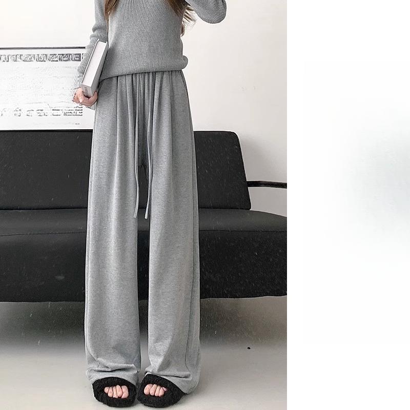 Gray Glutinous Rice Pants Women's Spring and Autumn Fleece Thickened High Waist Drape Casual Loose Wide-leg Pants