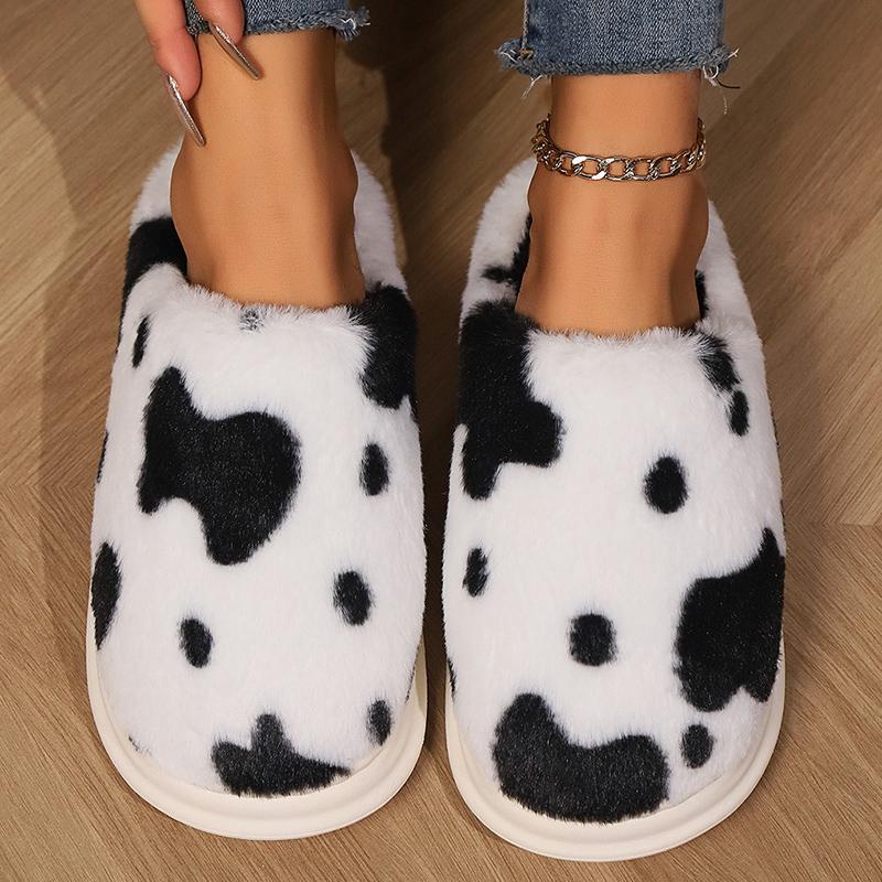 Fashion Mix Color Spotted Cotton Slippers Women Comfort Faux Fur Plush Slippers for Woman Indoor Round Toe Non Slip Fur Slides Ladies 36-37 2553₽