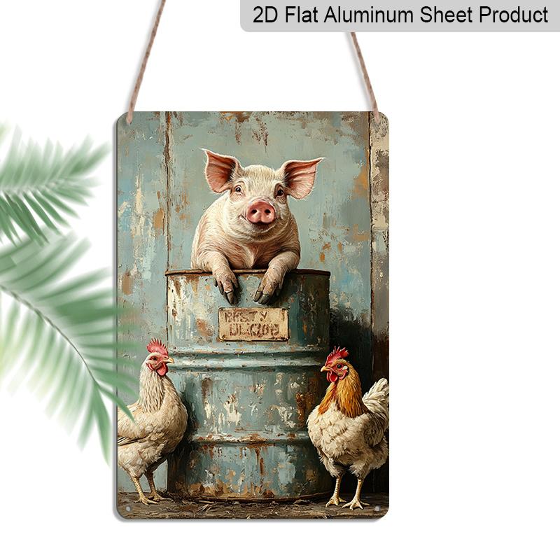 2D Flat, 1pc Rustic Farmhouse Vintage Metal Sign - 8x12 Inch Aluminum Wall Plaque with Whimsical Pig & Chicken Design, No Electricity Needed, Easy