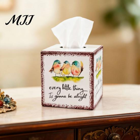 Pastoral Aesthetic Tabletop Decor Iron Art Square Tissue Box, Bee And Bird Watercolor Print Box Holder Holder, Style Decorative Napkin
