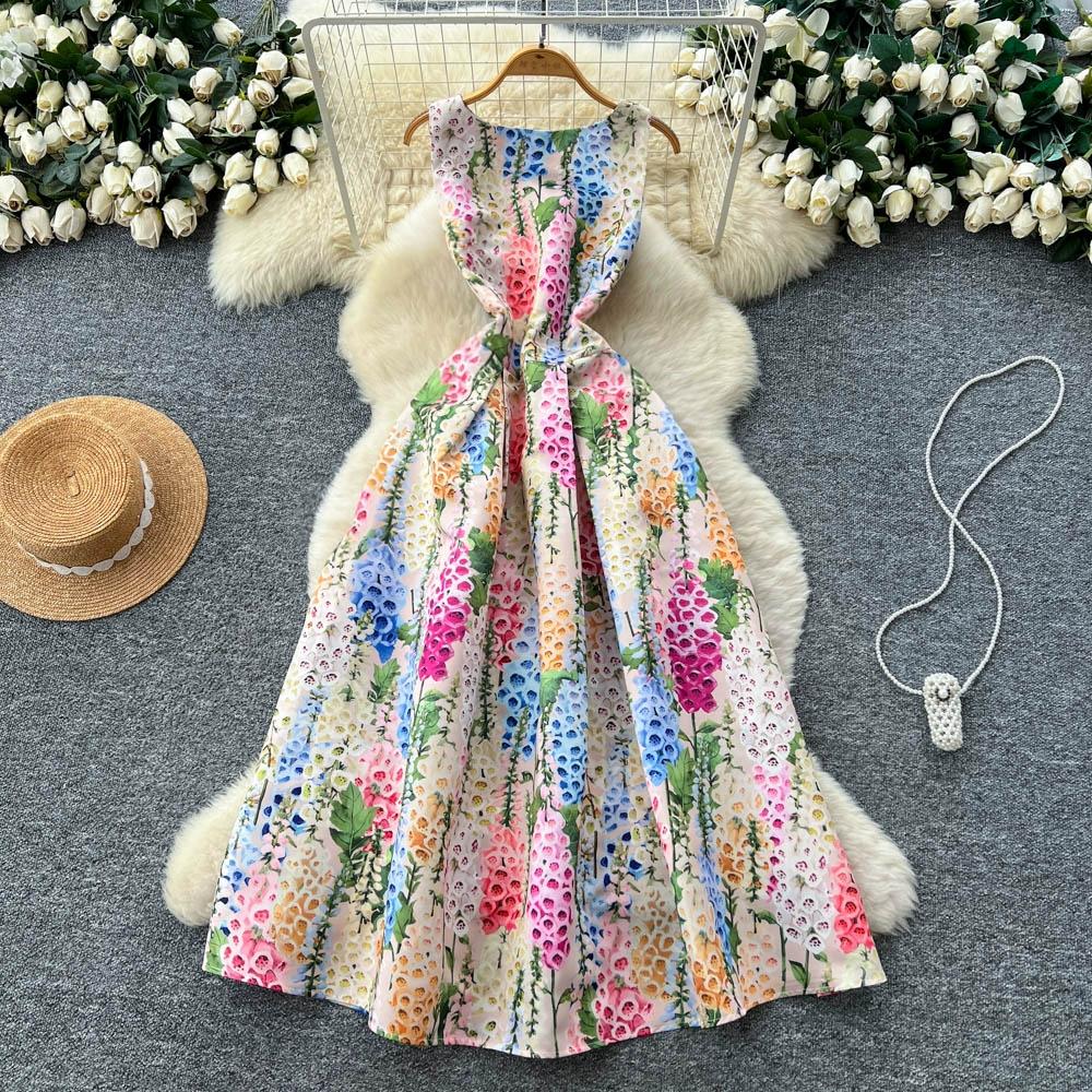 

Європейсько-американський стиль принт кругла горловина без рукавів сукня жіноча високого класу нішева на день народження вечірка талія приталена пишна максі сукня XXL