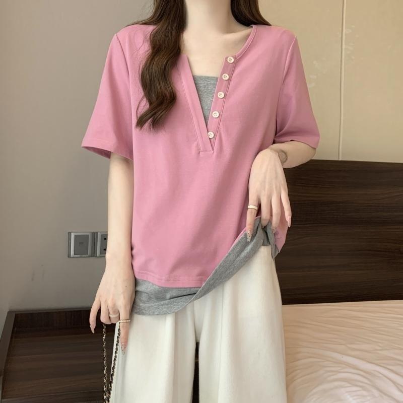 Ladies' Fake Two T-shirts Women's Patchwork V-neck Short Sleeved Blouse Summer New Korean Style Loose Versatile Top